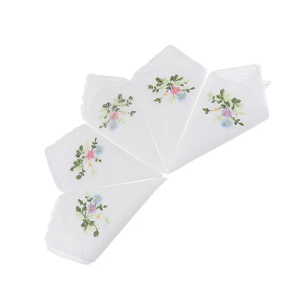 5pcs Vintage Floral Embroidered Hankies Cotton Lace Hanky Handkerchiefs - 01, 27 X 27cm 01