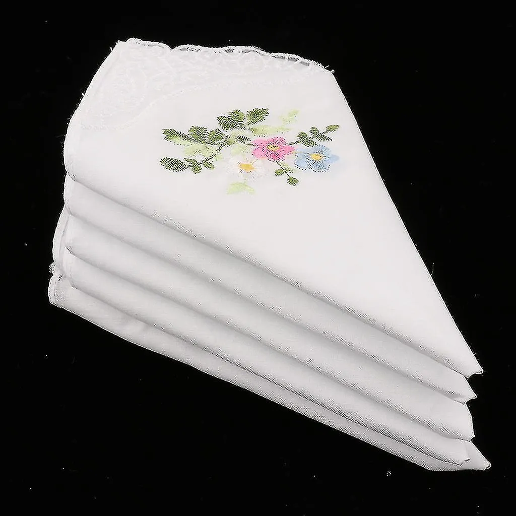 5pcs Vintage Floral Embroidered Hankies Cotton Lace Hanky Handkerchiefs - 01, 27 X 27cm 01