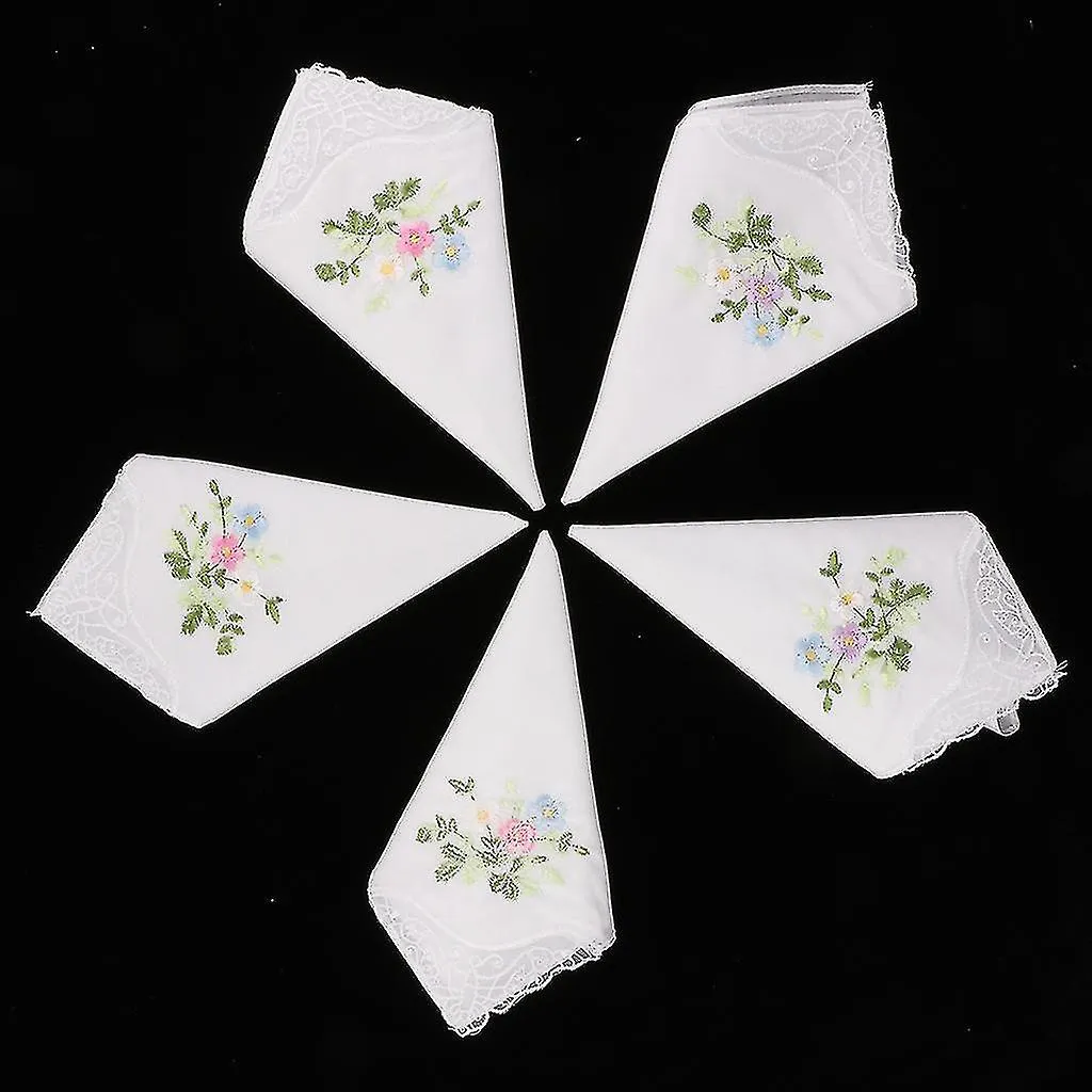 5pcs Vintage Floral Embroidered Hankies Cotton Lace Hanky Handkerchiefs - 01, 27 X 27cm 01