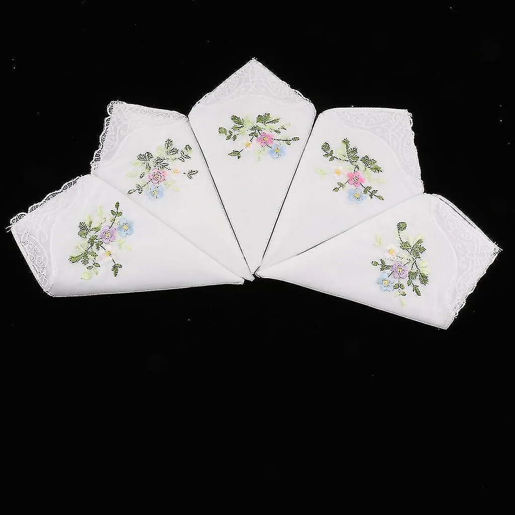 5pcs Vintage Floral Embroidered Hankies Cotton Lace Hanky Handkerchiefs - 01, 27 X 27cm 01