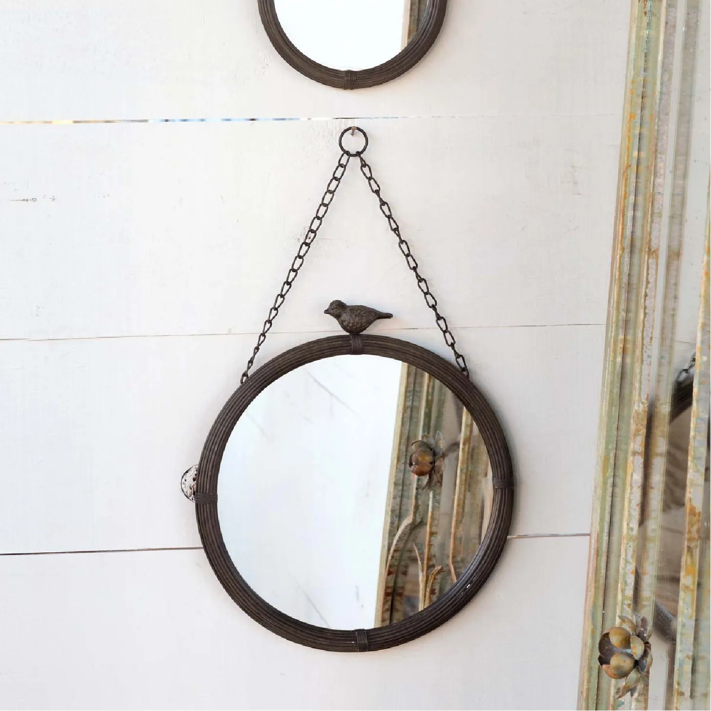 Hanging Round Mirror with Bird Detail - 2 Sizes