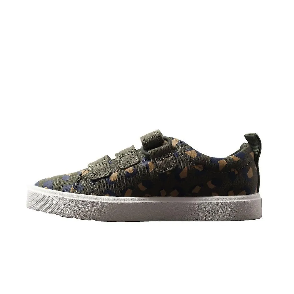 Kids Clarks City Vibe Kids | Olive Camo | Childrens Rip Tape Casual Shoes