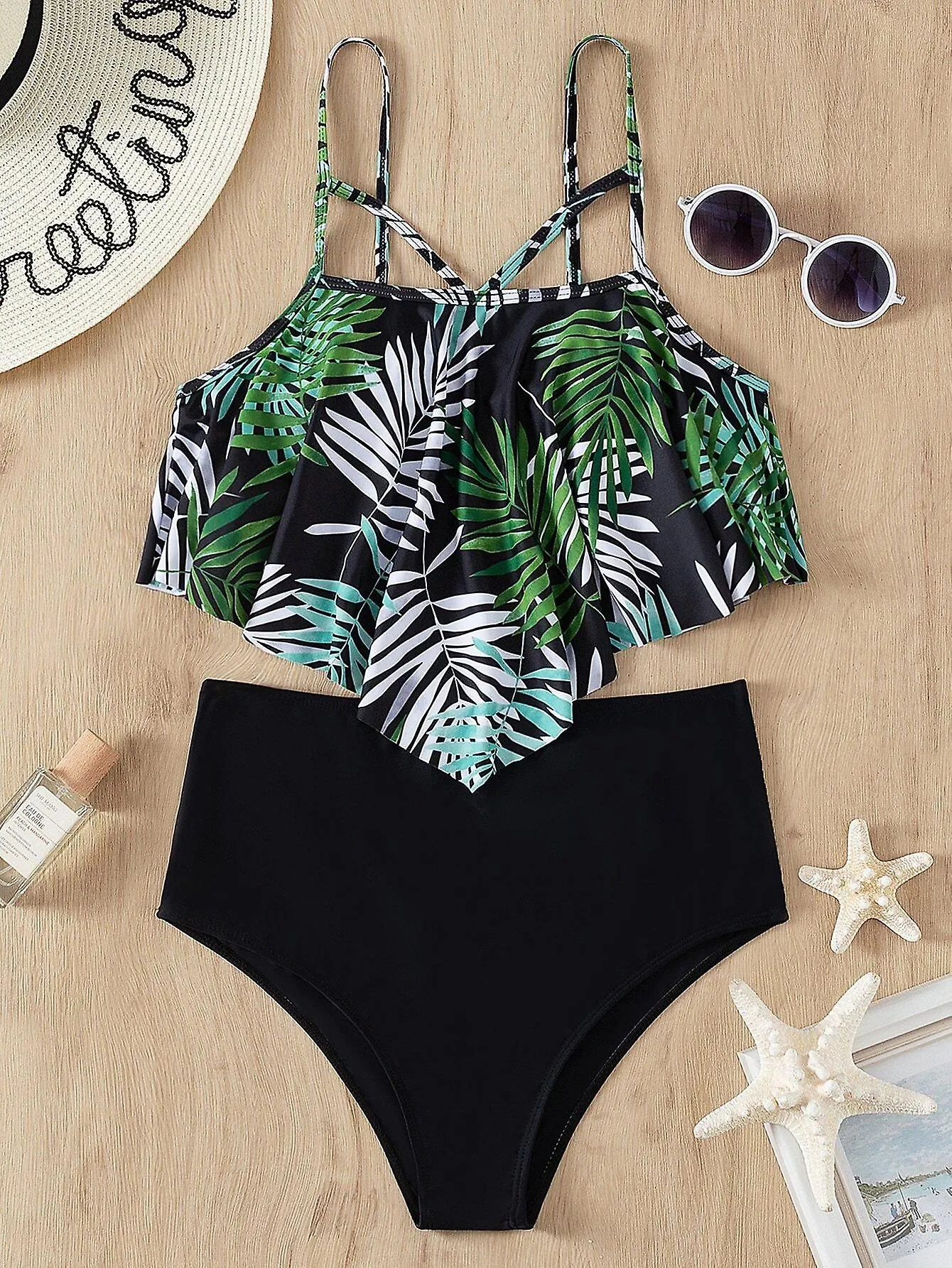 Leaf Print Hanky Hem Bikini Mujeres Traje de baño de dos piezas Ruffle Traje de baño Sexy Summer Beach Bathing Suit 2023 High Wa