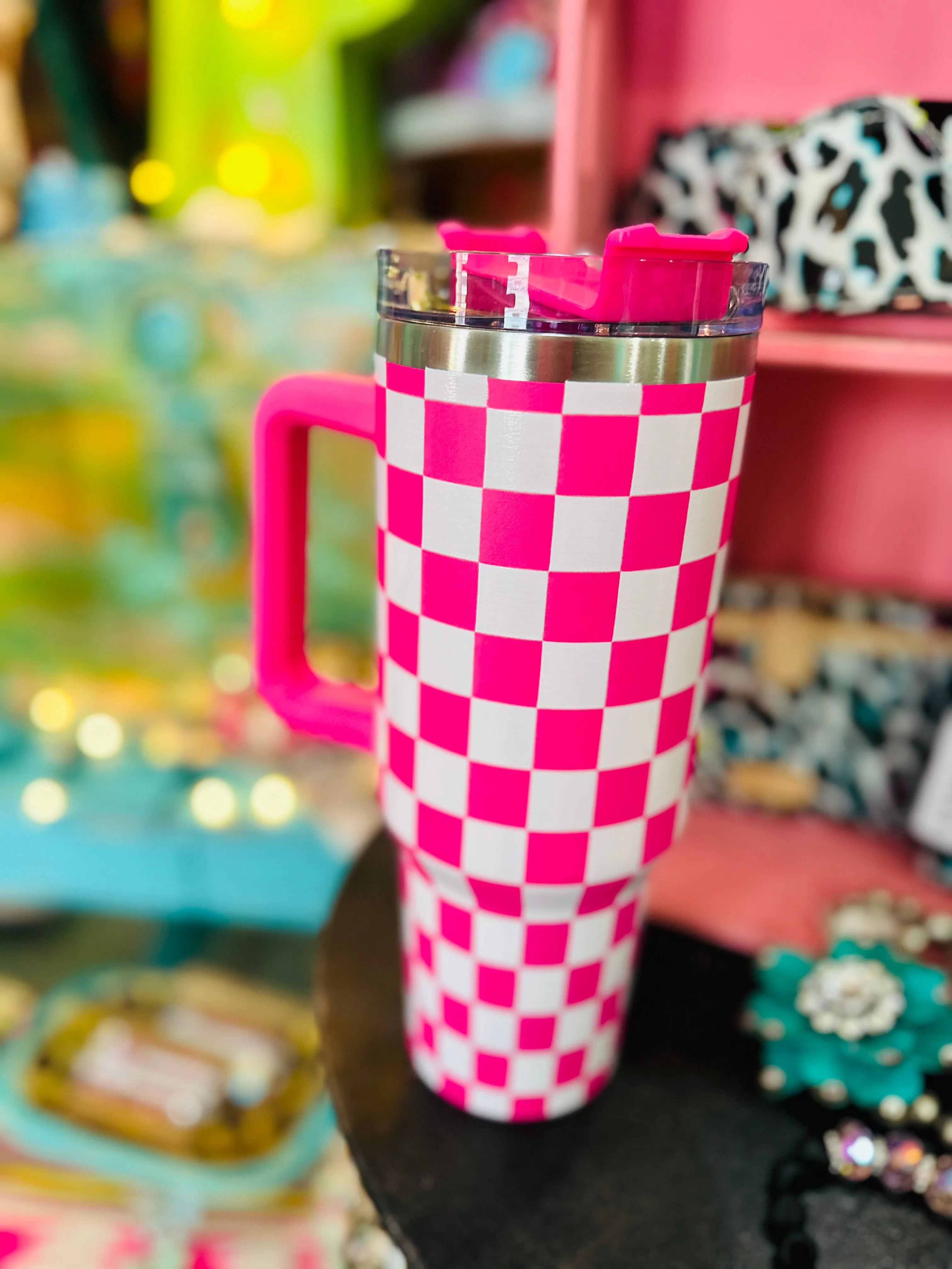 Pink Checkered Tumbler