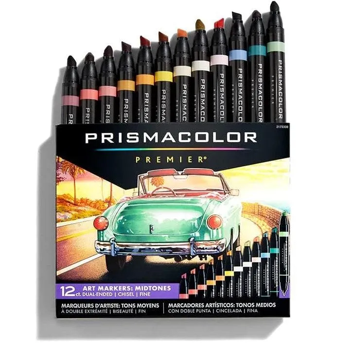 Prismacolor Premier Double Sided Mid Tones Art Markers Brush Chisel Tip Dual End 12 Pack